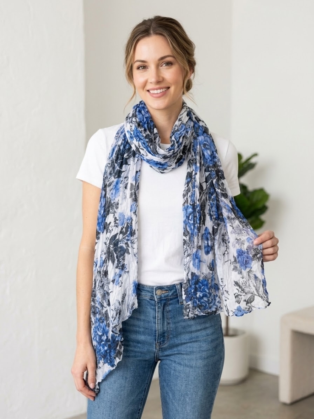 Lightweight Blue Floral Scarf for Women - Stylish Everyday Accessory
